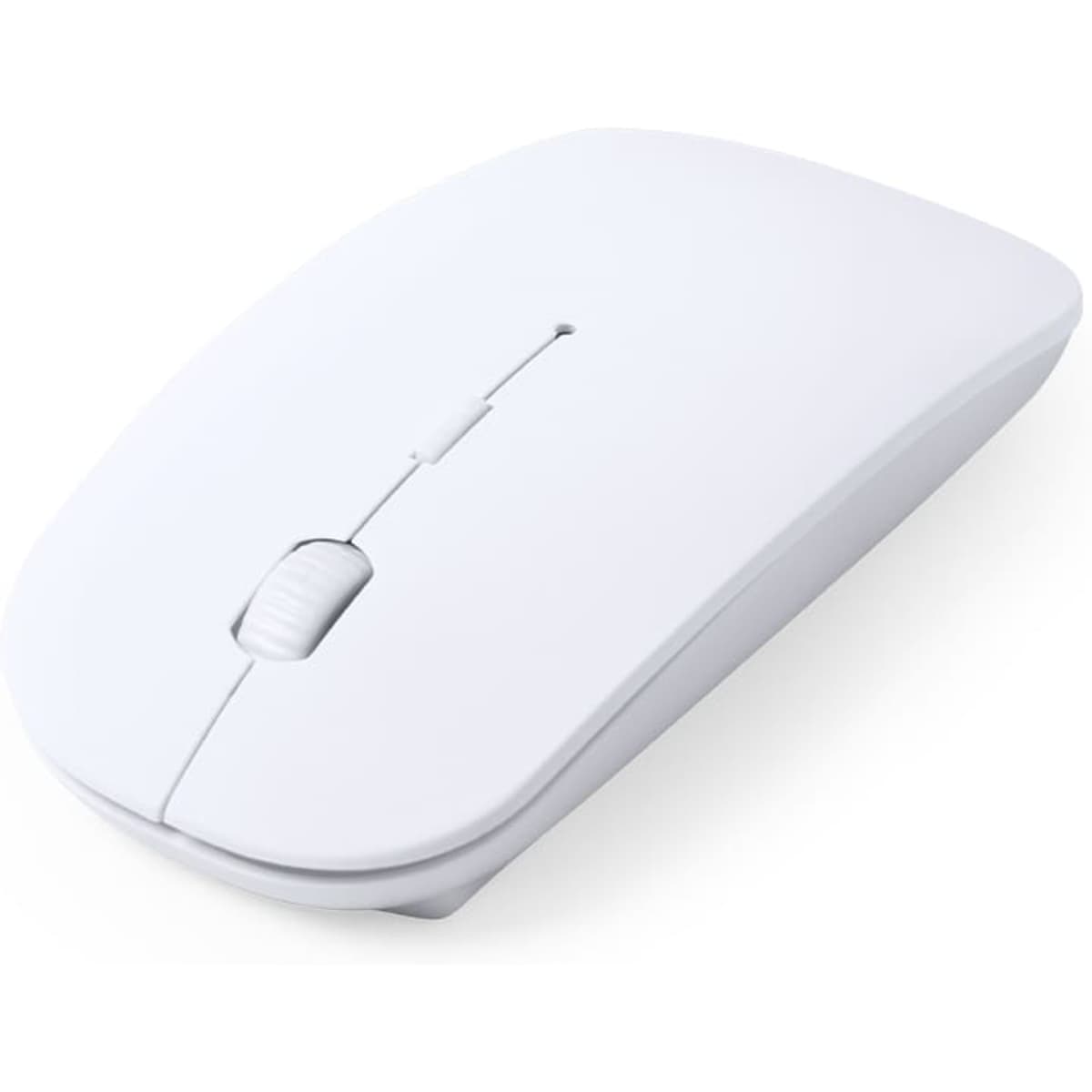 A white computer mouse with a smooth design and a scroll wheel, featuring a logo on its surface.