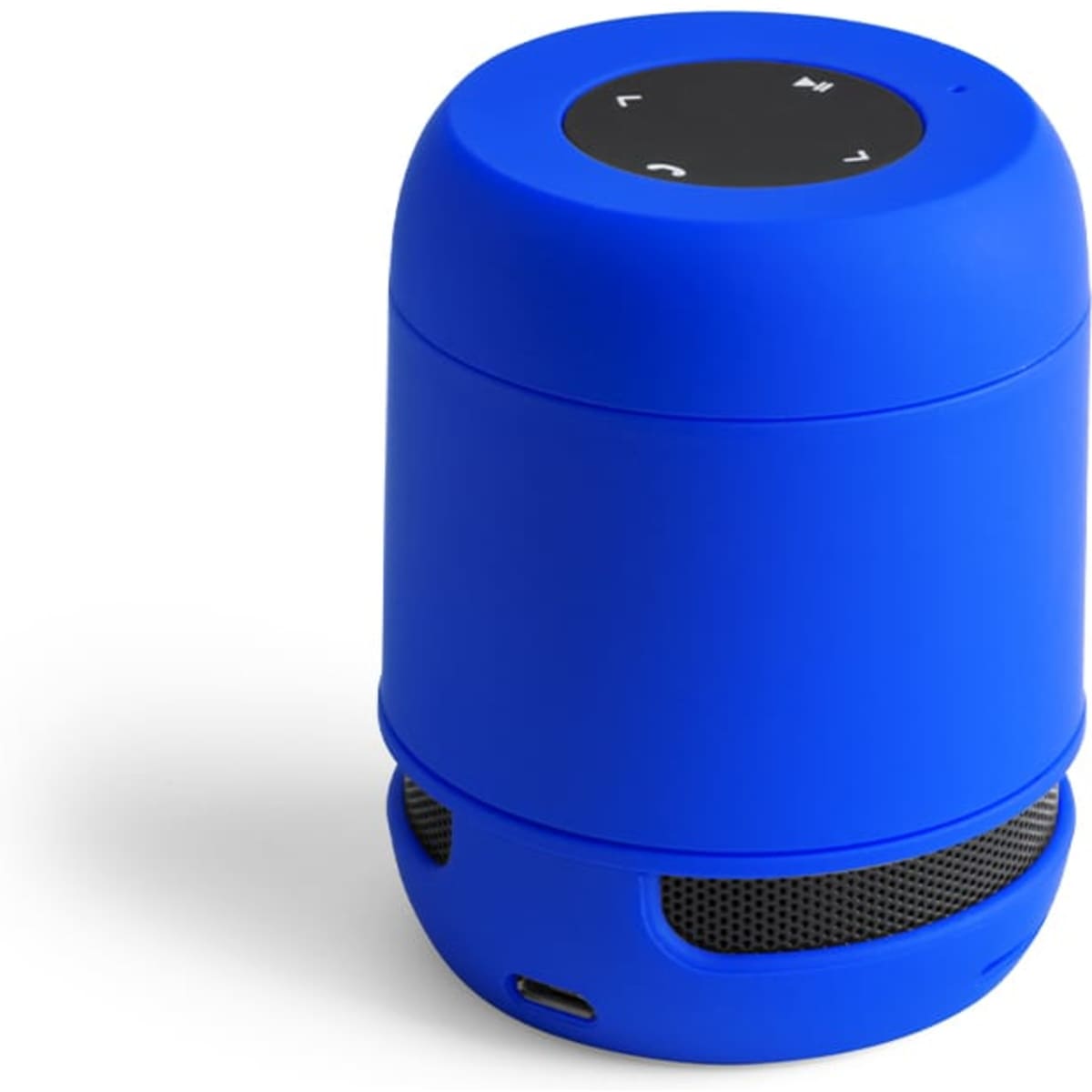 A blue Bluetooth speaker with touch controls on top and a speaker grille at the base, featuring a logo.