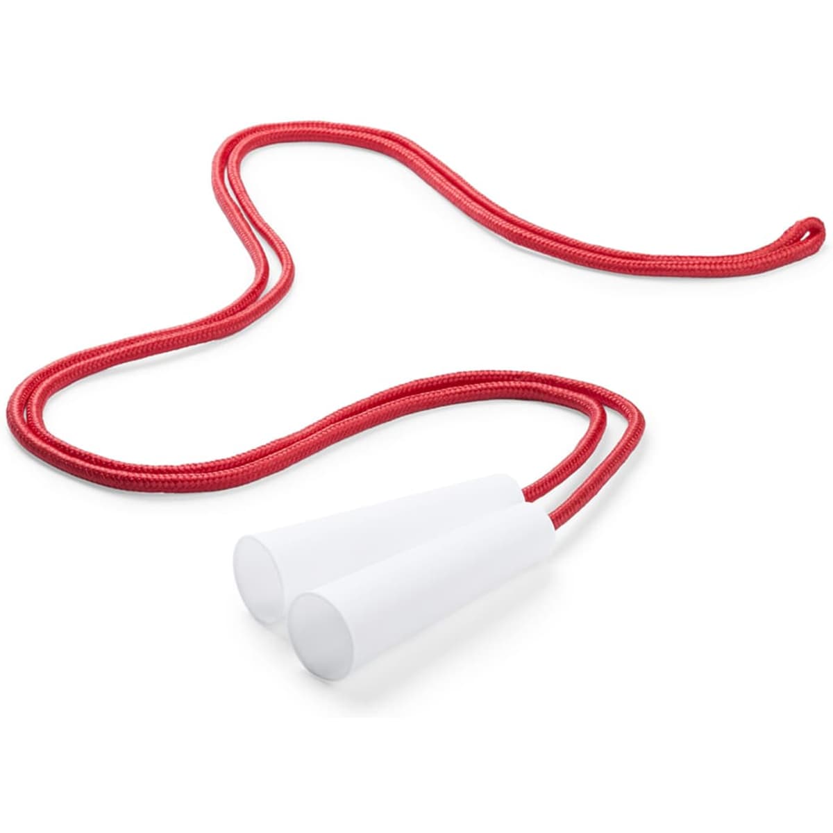 A red skipping rope with white plastic handles, featuring a simple and lightweight design.