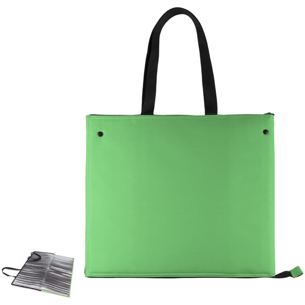 A green cooler bag with black handles, featuring a logo, alongside a foldable storage item.