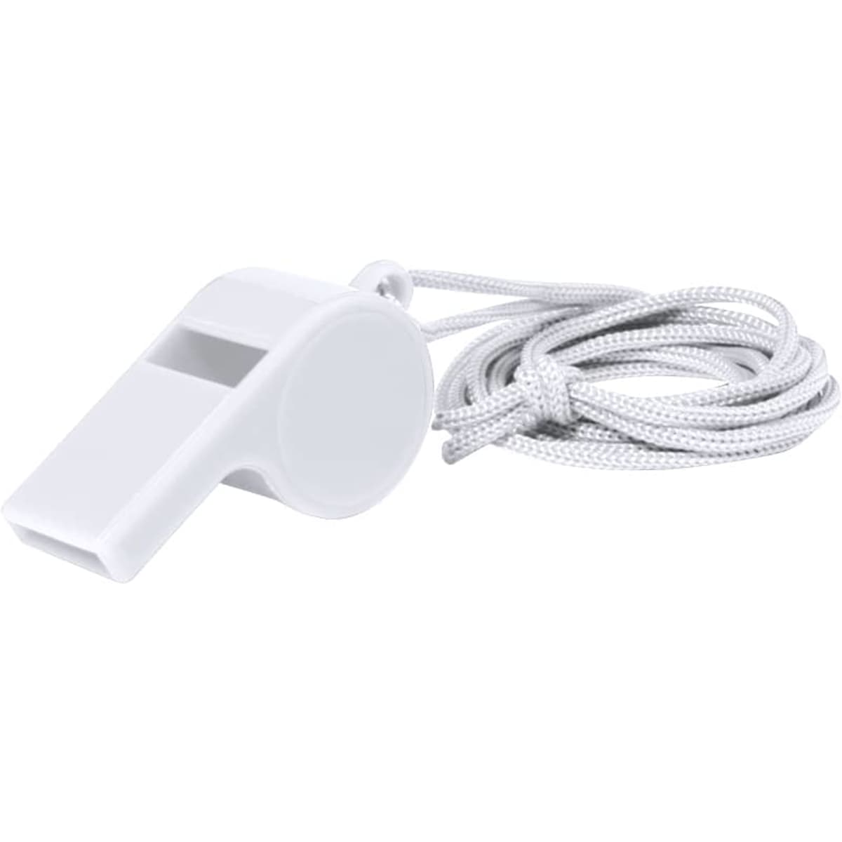 A white whistle with a cord attached, designed for novelty and fun games.