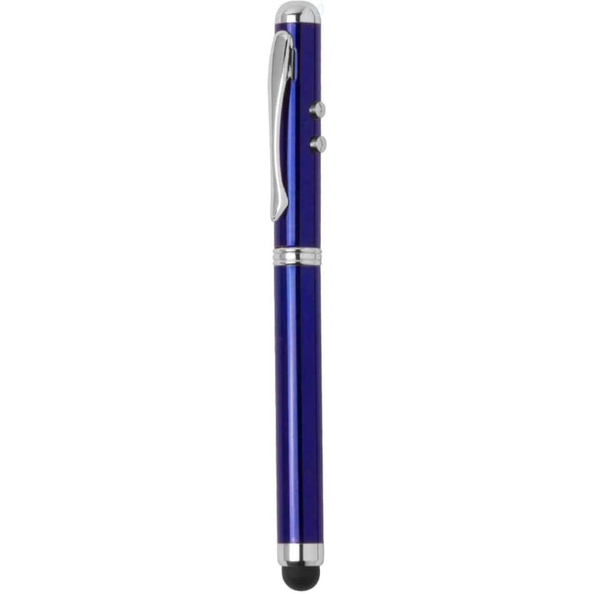 A metal pen in a vibrant blue with silver accents and a stylus tip, featuring a logo on the body.