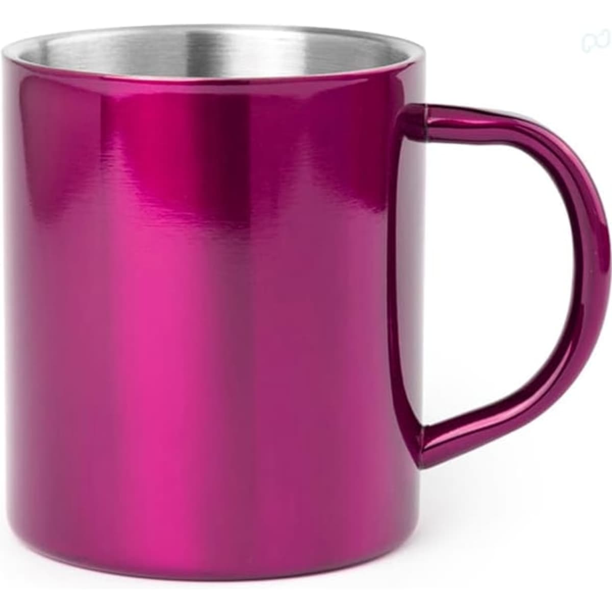 A drink mug in a shiny magenta finish, featuring a stainless steel interior and a comfortable handle.