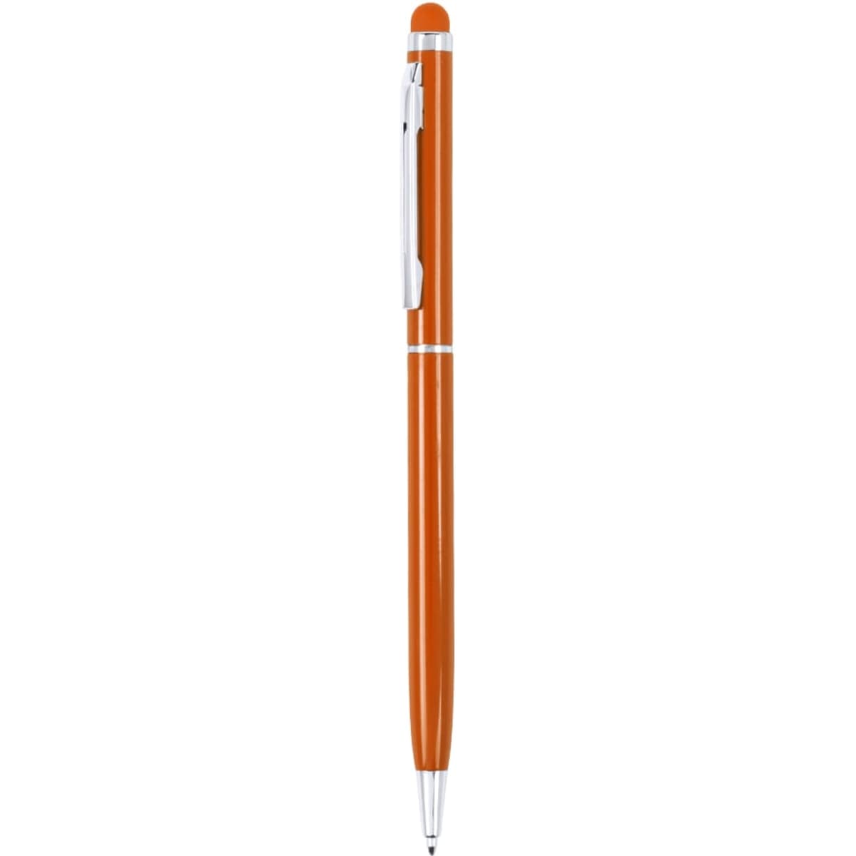 An orange ballpoint pen with a stylus tip and a silver clip, featuring branding on its body.