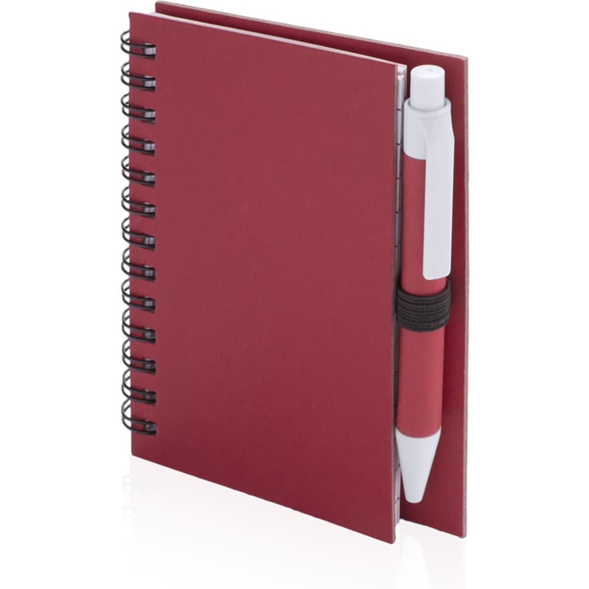 A red spiral-bound notebook with a pen secured on the side. It has a smooth cover and a compact design.