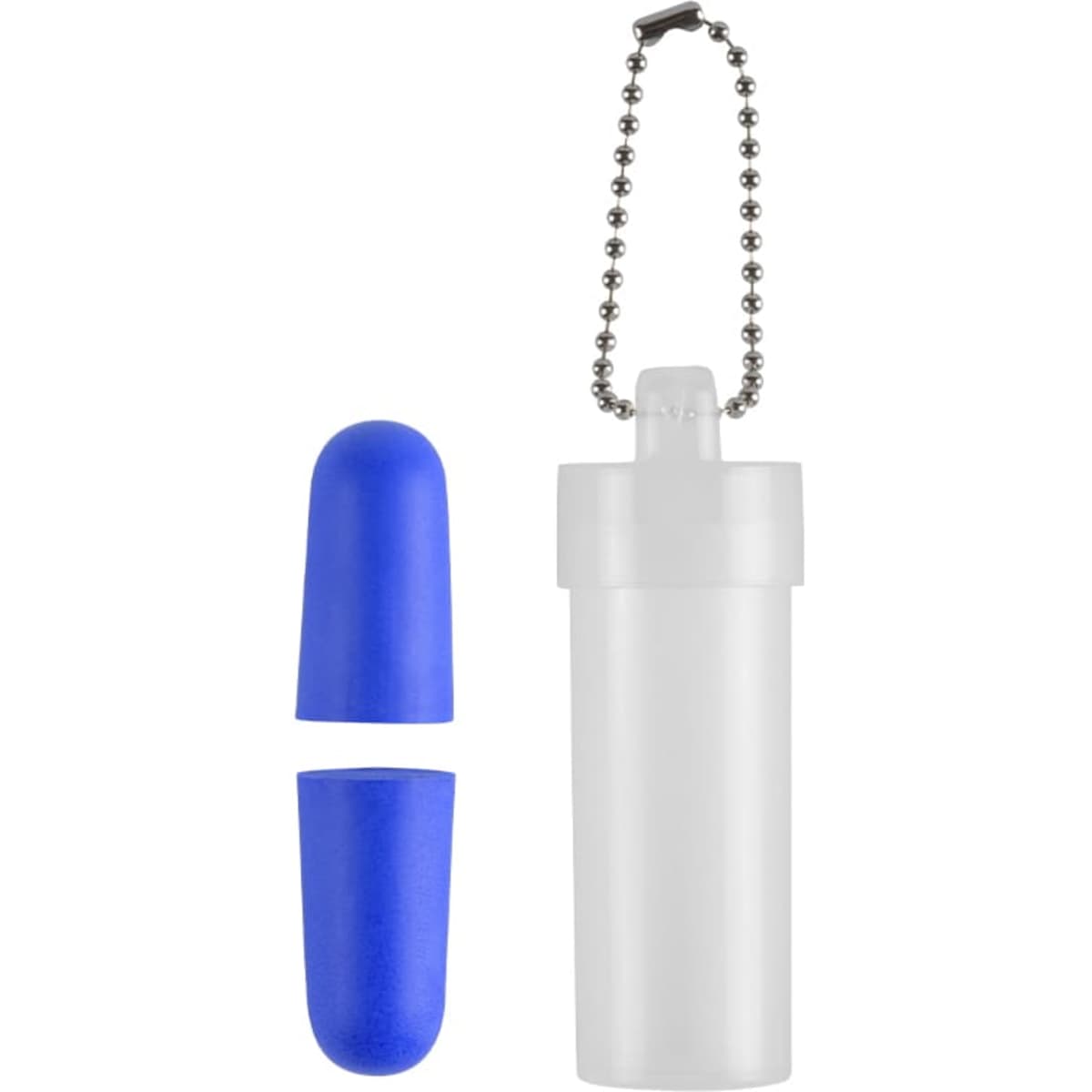 A clear drink bottle with a blue cap and a blue silicone cover, featuring a keychain attachment.