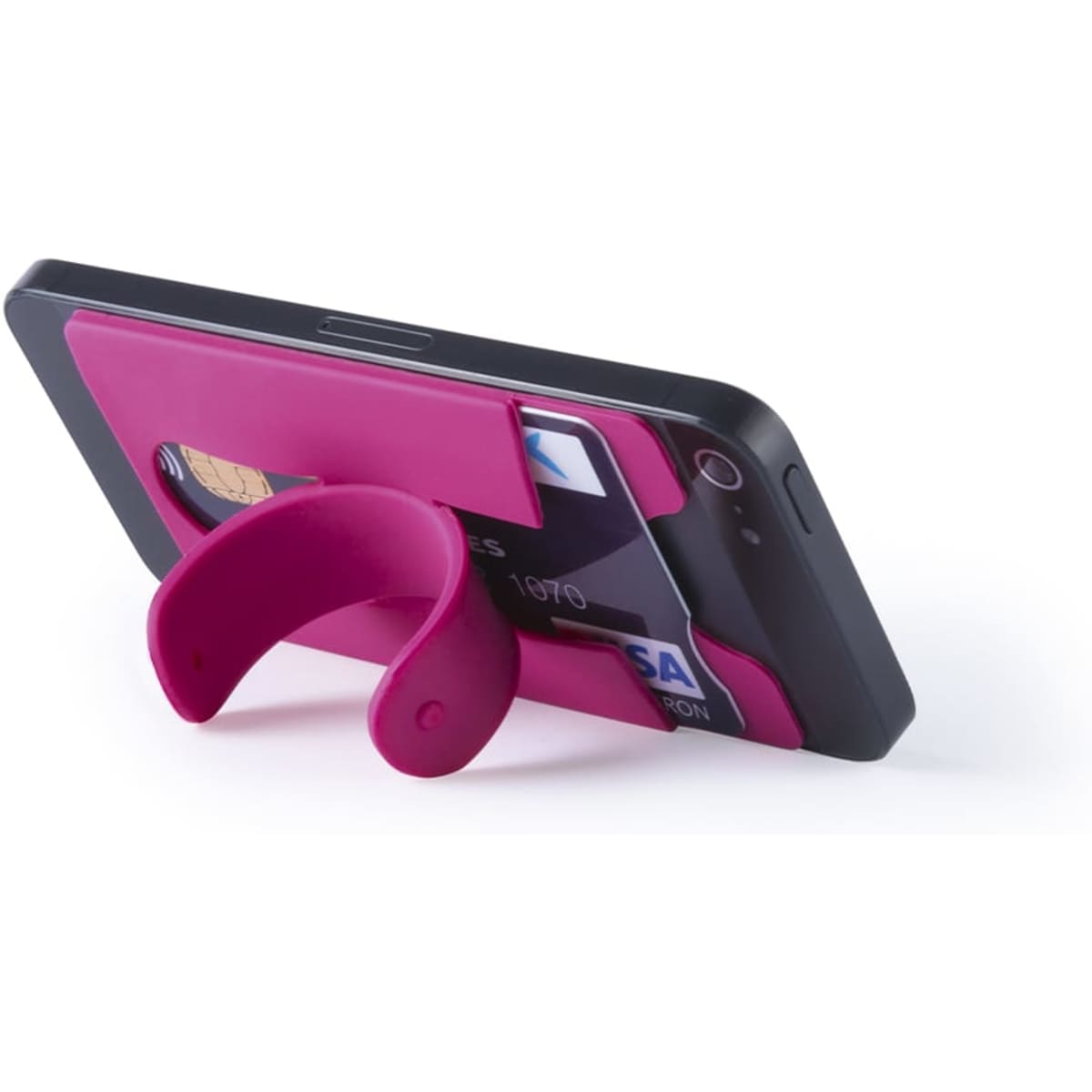 A pink phone wallet holding a smartphone with a credit card, featuring a flexible grip stand on the back.