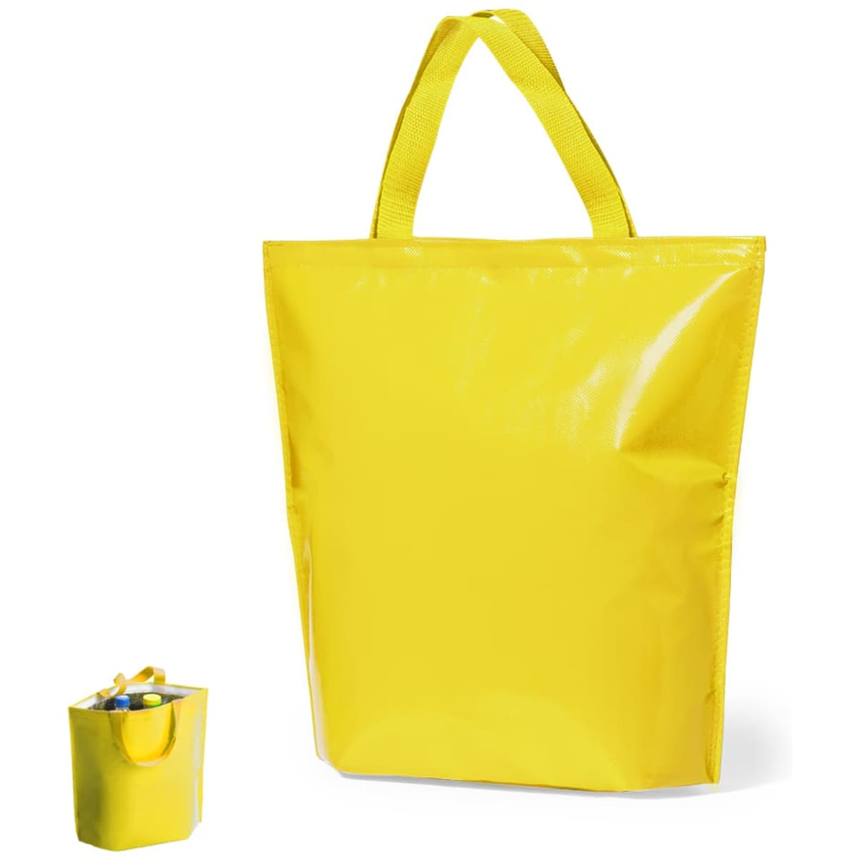 A yellow cooler bag with sturdy handles and a smaller matching bag beside it. The image features a logo on the bag.
