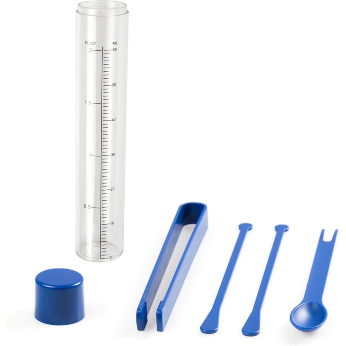 A clear measuring cylinder with blue accessories including a cap, scoop, tweezers, and stirring sticks.