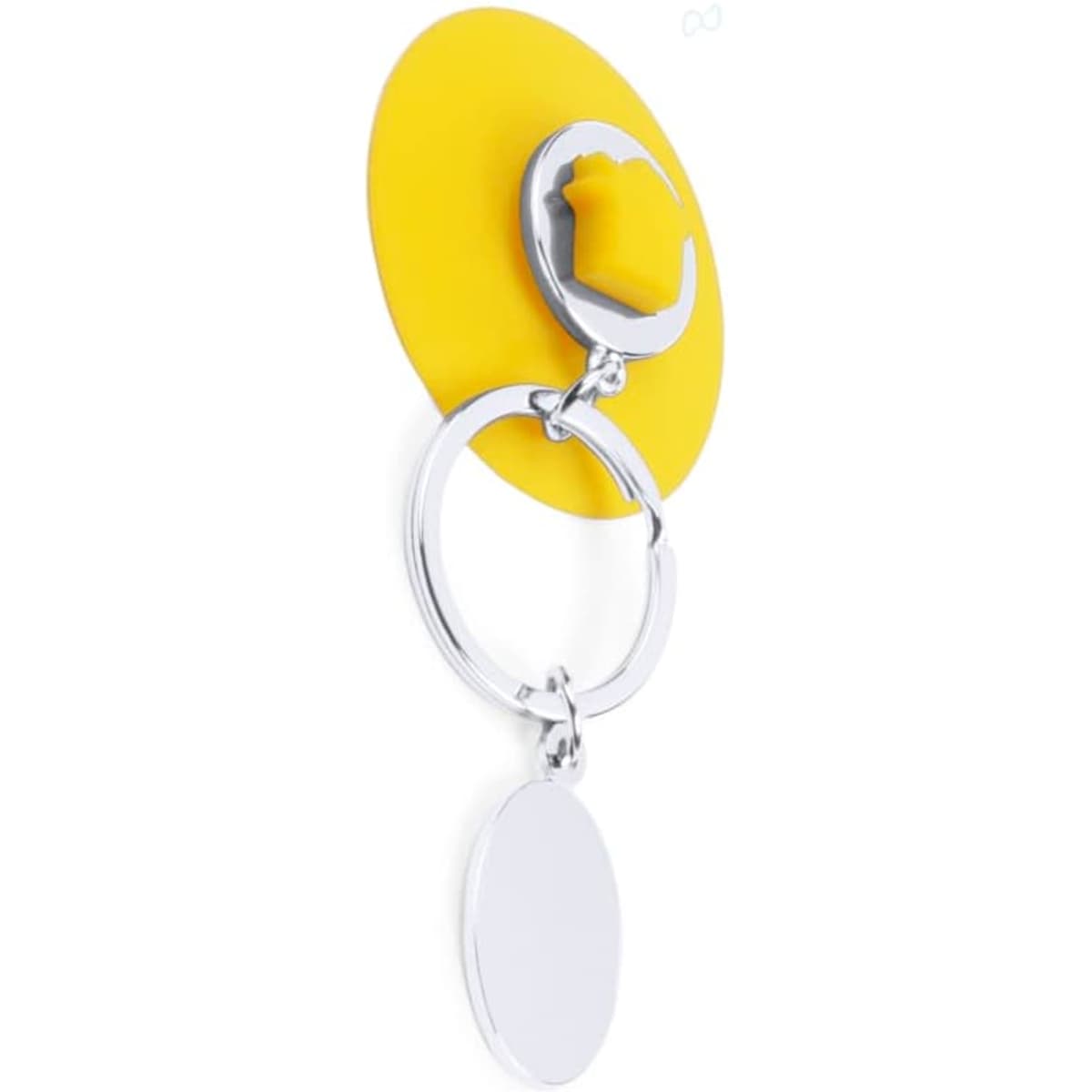 A yellow keyring with a bottle opener attached and a silver oval tag hanging from a metal ring.