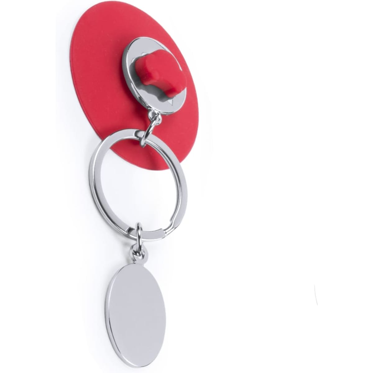 A red keyring with a circular attachment and a shiny silver oval tag. It includes a branding logo.