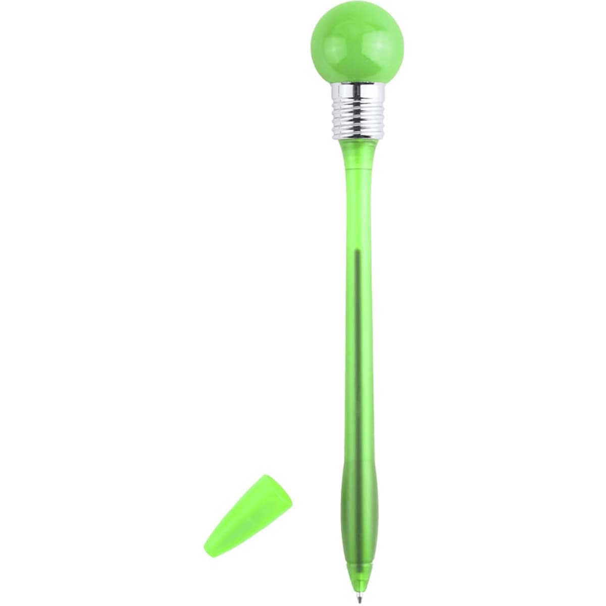 A green pen with a round top and a removable cap. It features a silver band and a sleek design.