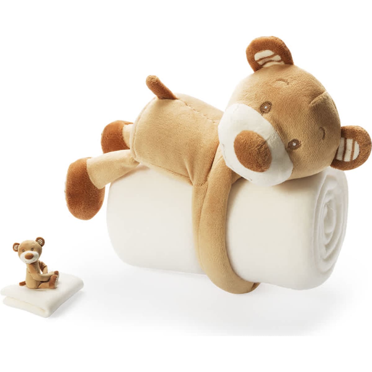 A soft, tan blanket featuring a bear character, with a smaller bear plush beside it. The blanket is neatly rolled.