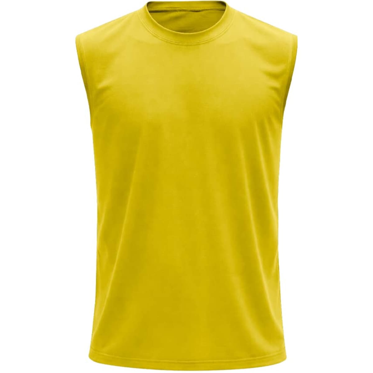 A sleeveless yellow t-shirt, made from a smooth material, featuring a simple design and a brand logo.
