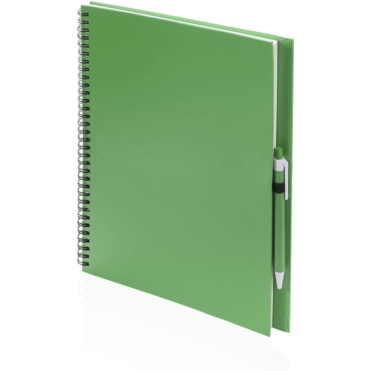 A green spiral notebook with a matching pen attached at the side. It features a simple design and a smooth cover.