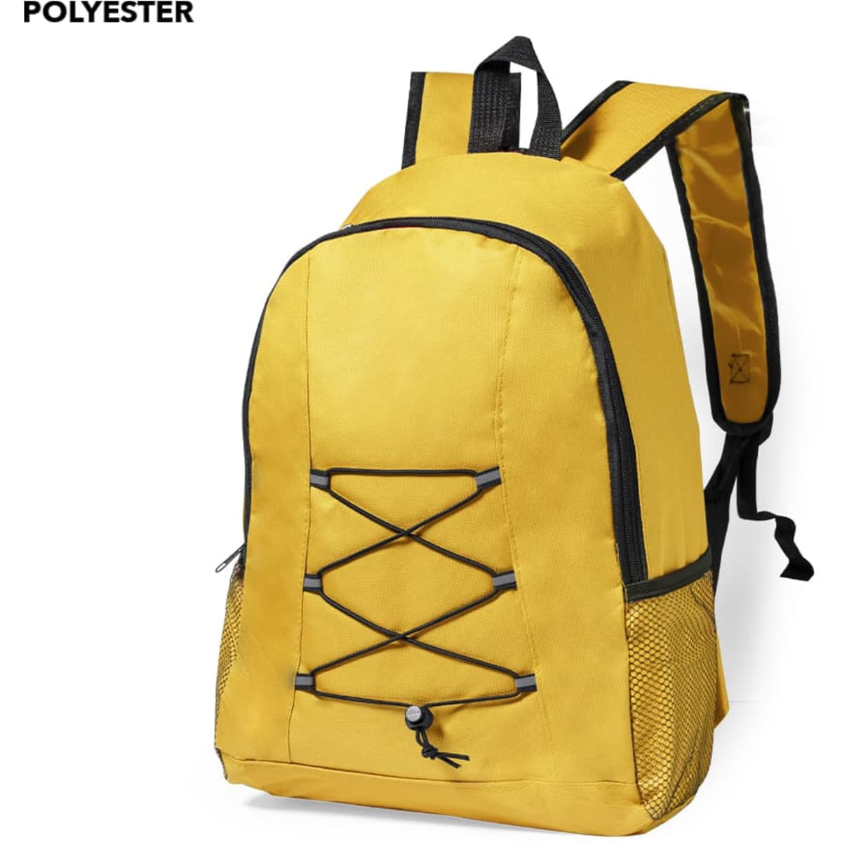 A yellow backpack made of polyester, featuring a front bungee cord design and side mesh pockets.