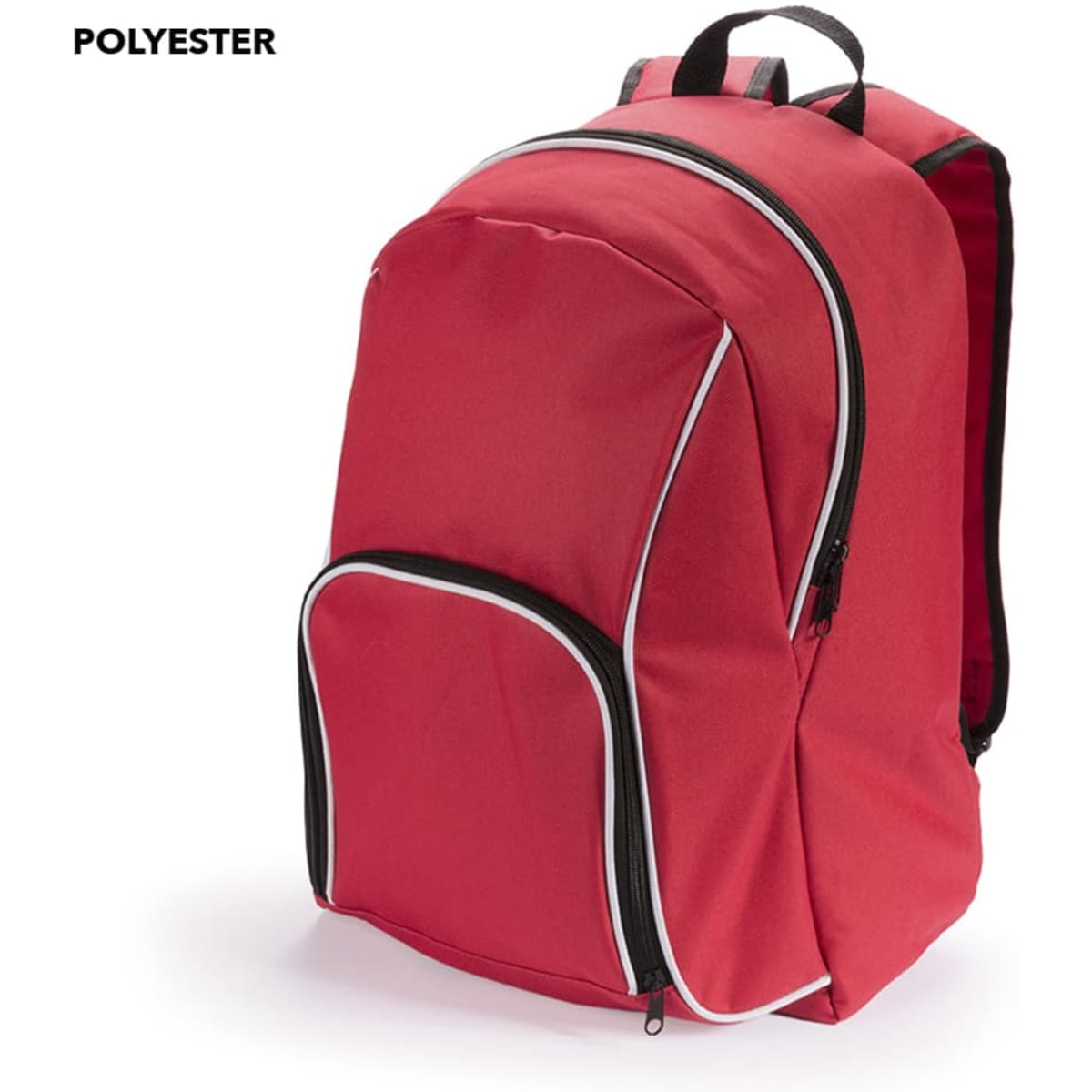 A red polyester backpack with black accents and zippers, featuring multiple compartments and padded straps.