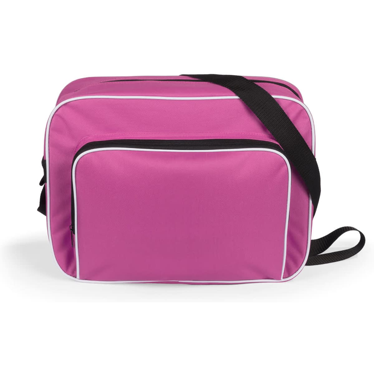 A pink bag with a front pocket and black accents, featuring an adjustable strap and a logo.