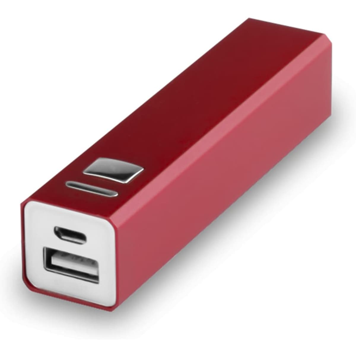 A red power bank with a white trim and one USB and one USB-C port. It features a sleek, rectangular design.