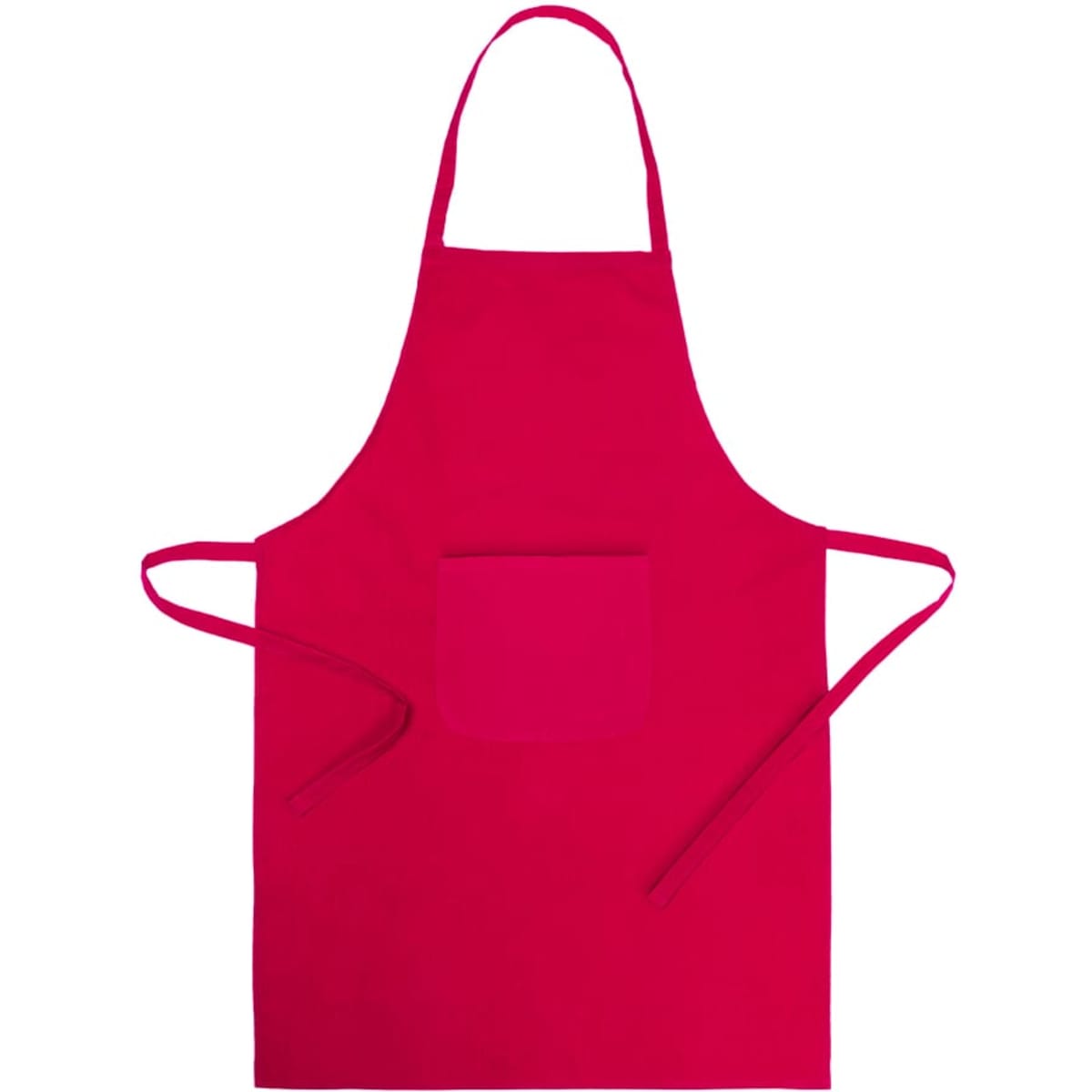 A bright red apron with a pocket and matching ties, featuring a logo.