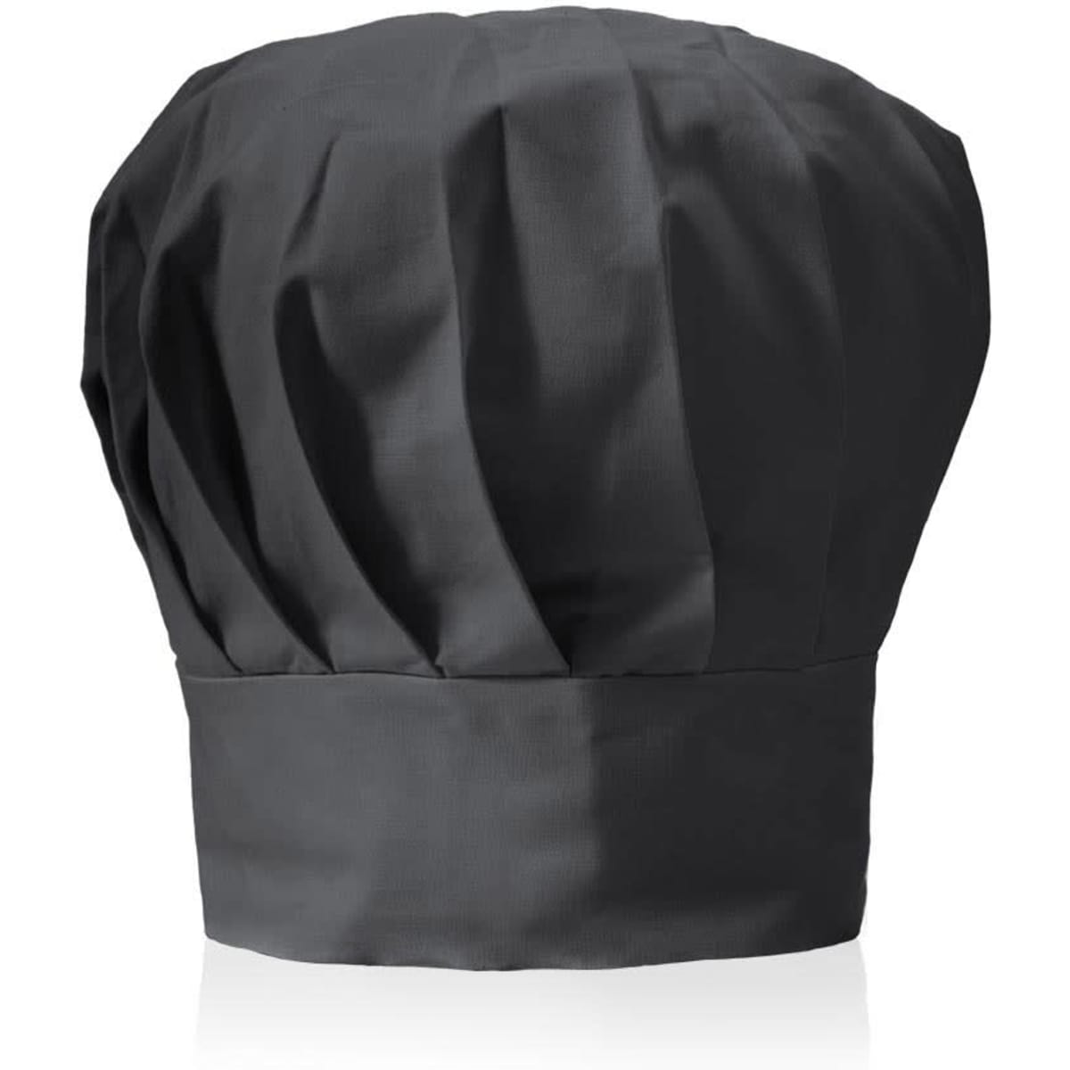 A black chef hat with a pleated design, featuring a branded logo on the band.