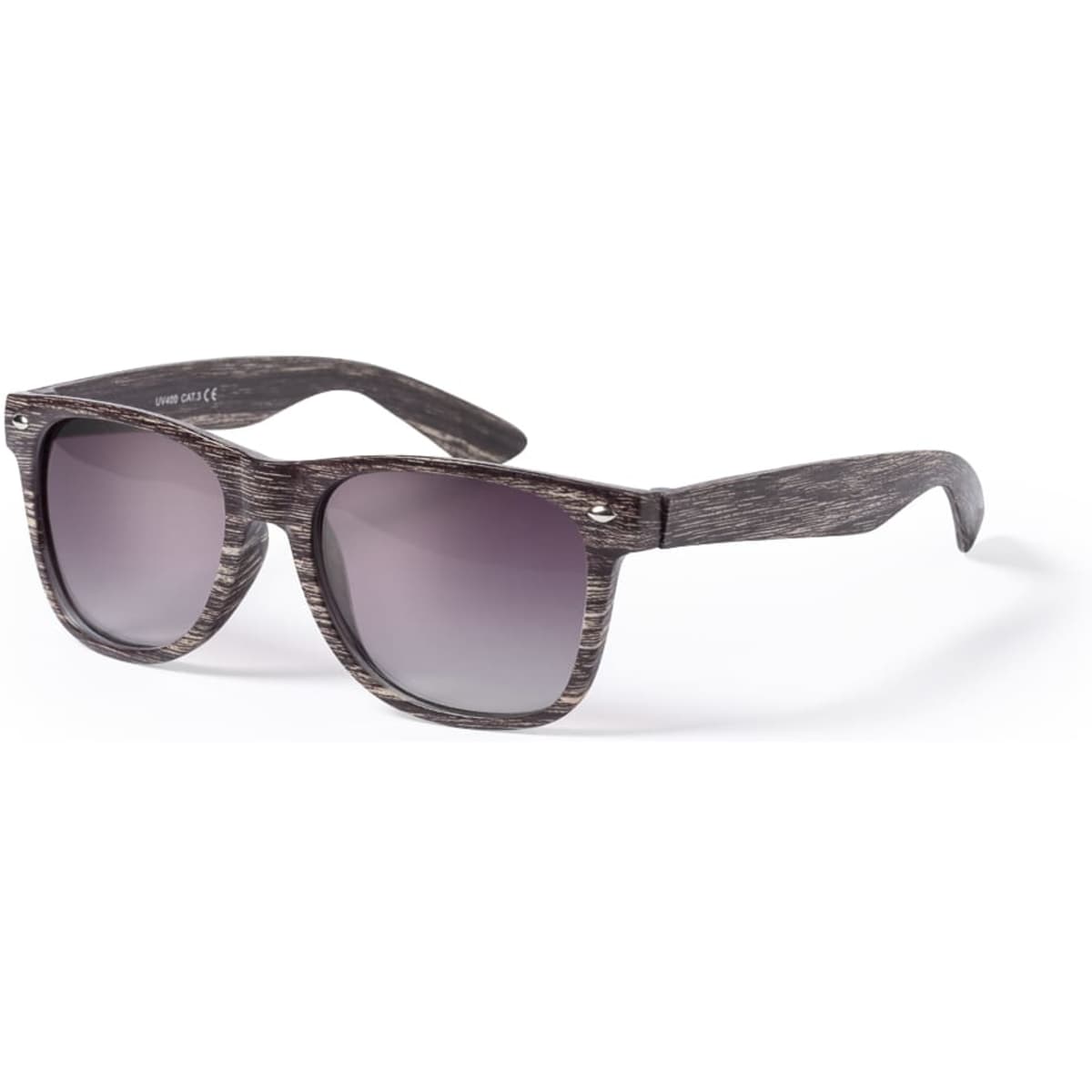 Stylish sunglasses with a wood-like print and gradient lenses, featuring a logo on the side.