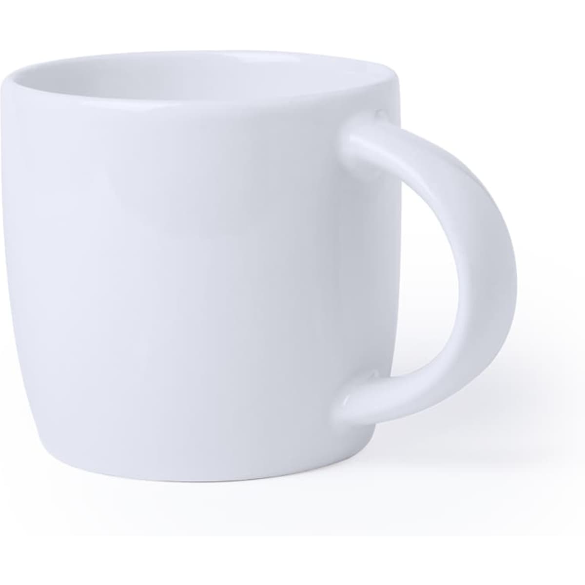 A white coffee mug with a curved handle and a smooth finish. The mug has a simple design and features a logo.
