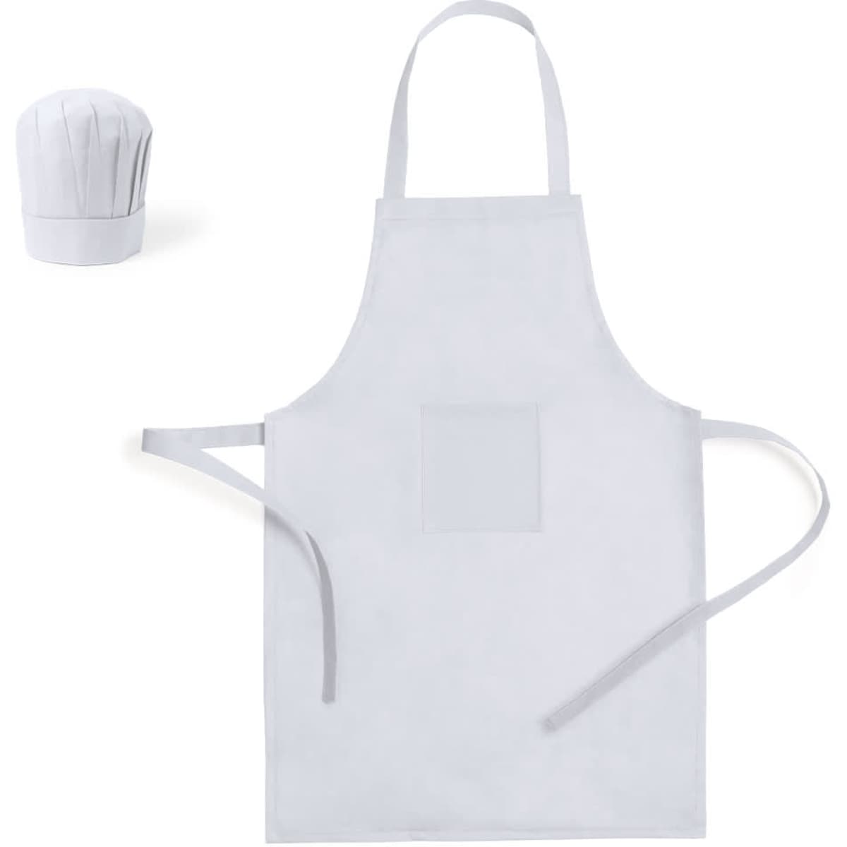 A white apron with ties and a pocket, accompanied by a matching white chef's hat. Includes a logo.