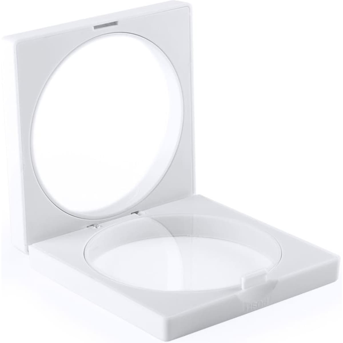 A white compact mirror with a circular mirror inside and a hinged lid, featuring a minimalistic design.
