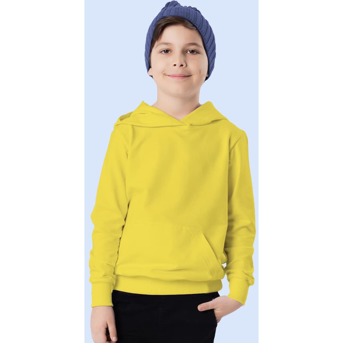 A bright yellow hoodie worn by a child, featuring a kangaroo pocket and a blue beanie.