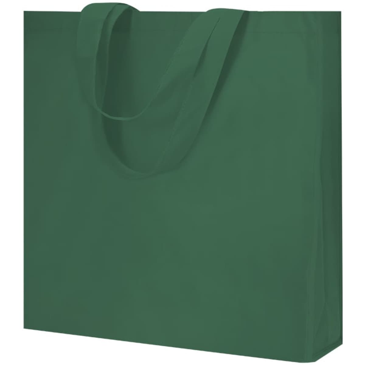 A green tote bag with sturdy handles and a simple design, featuring a logo on one side.