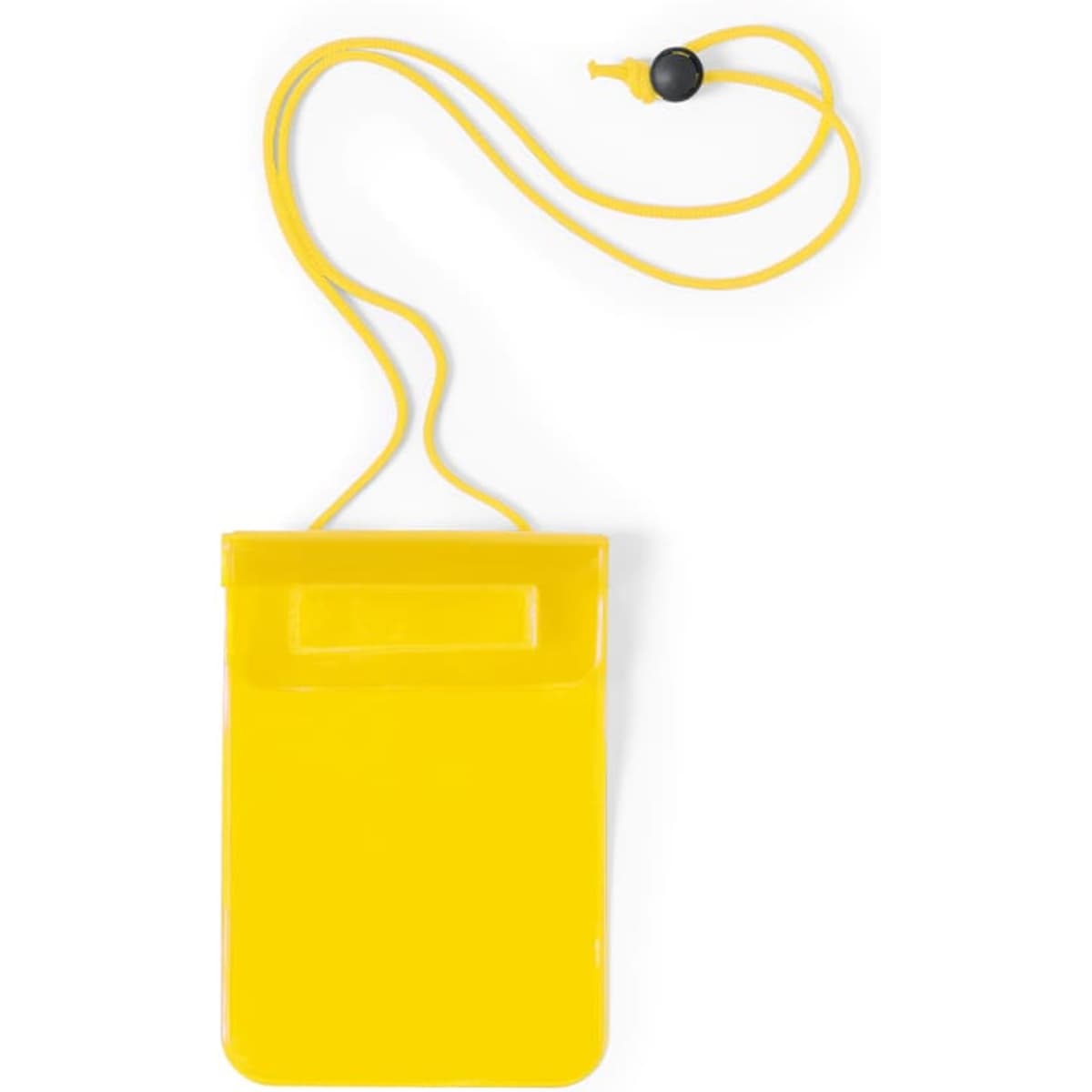 A yellow dry bag with a lanyard and a toggle for secure carrying. It features a logo.