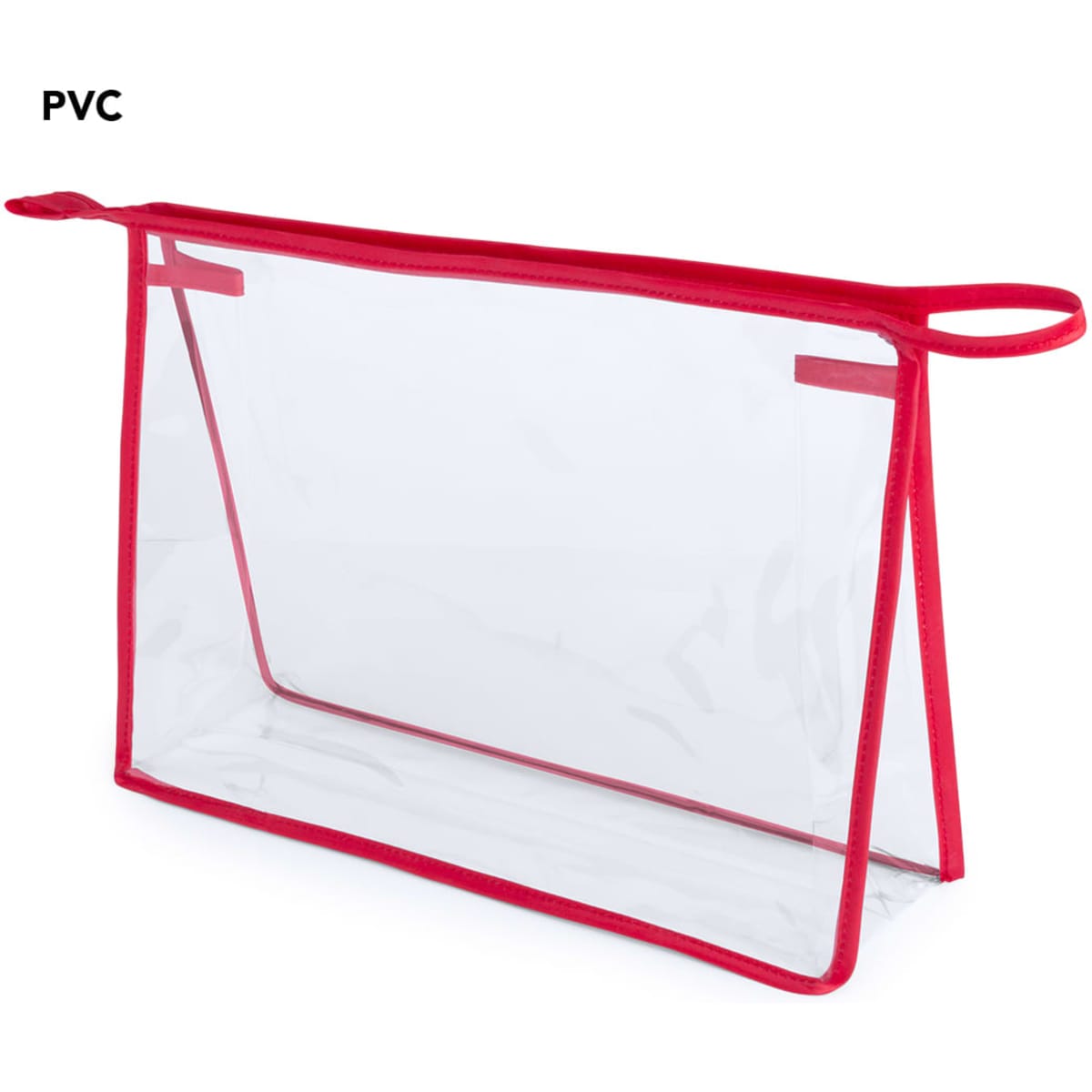 A transparent PVC beauty bag with red trim and handles, designed for toiletries and accessories.