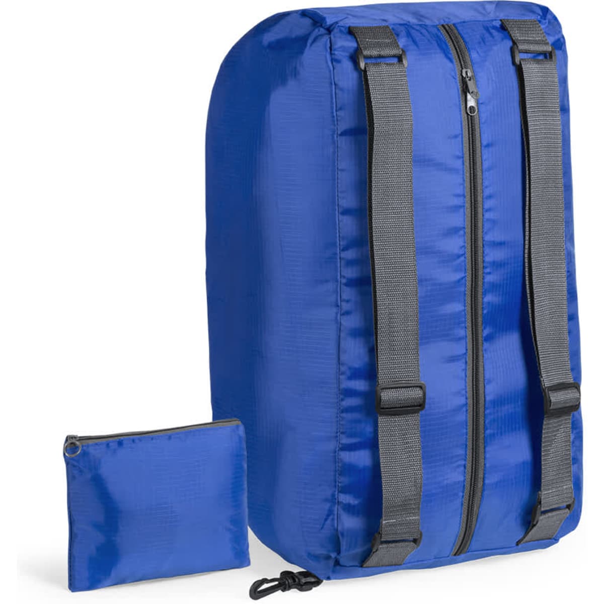 A blue backpack with grey straps and a small matching zip pouch beside it. The backpack features dual zippers.