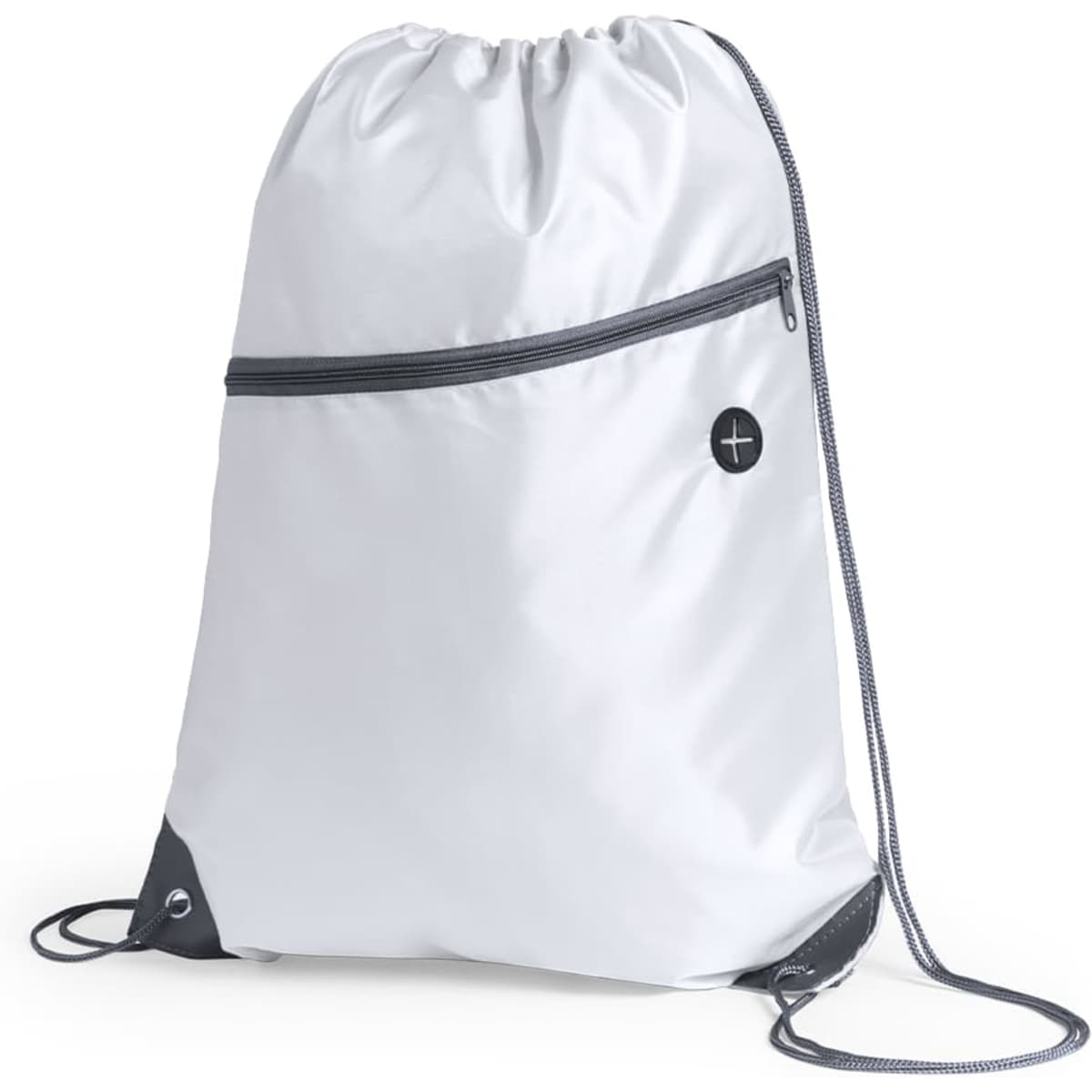 A white drawstring bag featuring a front zip pocket and a logo, with grey accents and drawstrings.