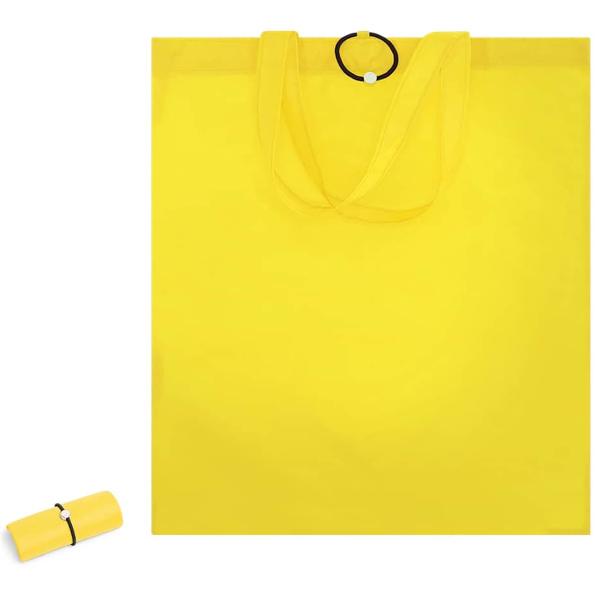 A yellow foldable bag with handles, featuring a black circular closure. Also includes a rolled-up version for storage.