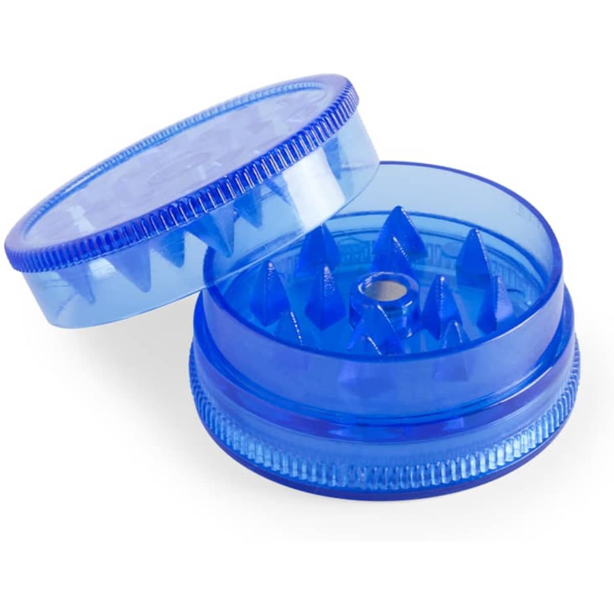 A blue acrylic grinder with a transparent top, featuring sharp teeth for grinding. It has a branding logo on the side.