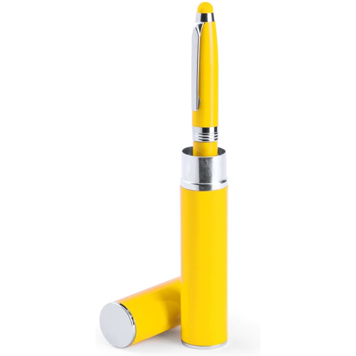 A yellow stylus touch ball pen with a sleek design, displayed alongside its matching pen case.
