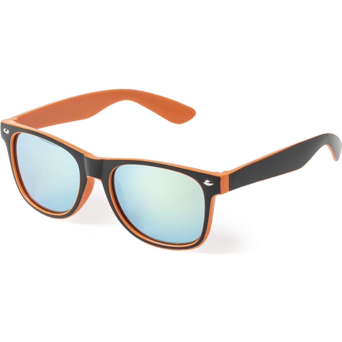 Sunglasses with black frames and orange arms, featuring reflective blue lenses and a logo on the side.