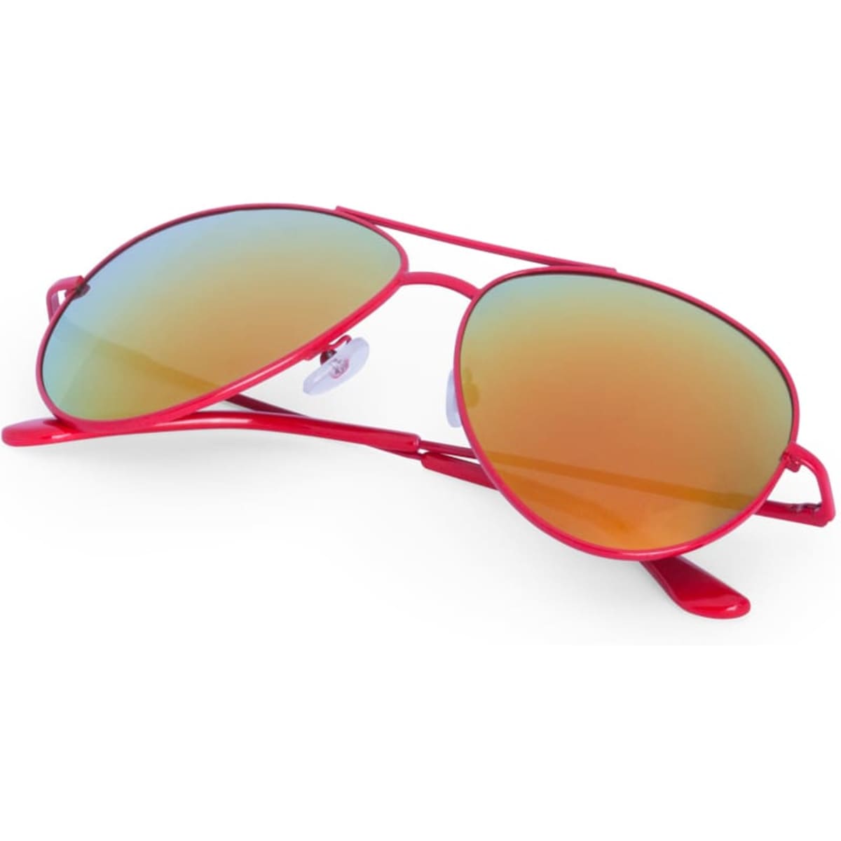 A pair of red aviator sunglasses with gradient lenses in shades of orange and blue. Features a logo on the arm.