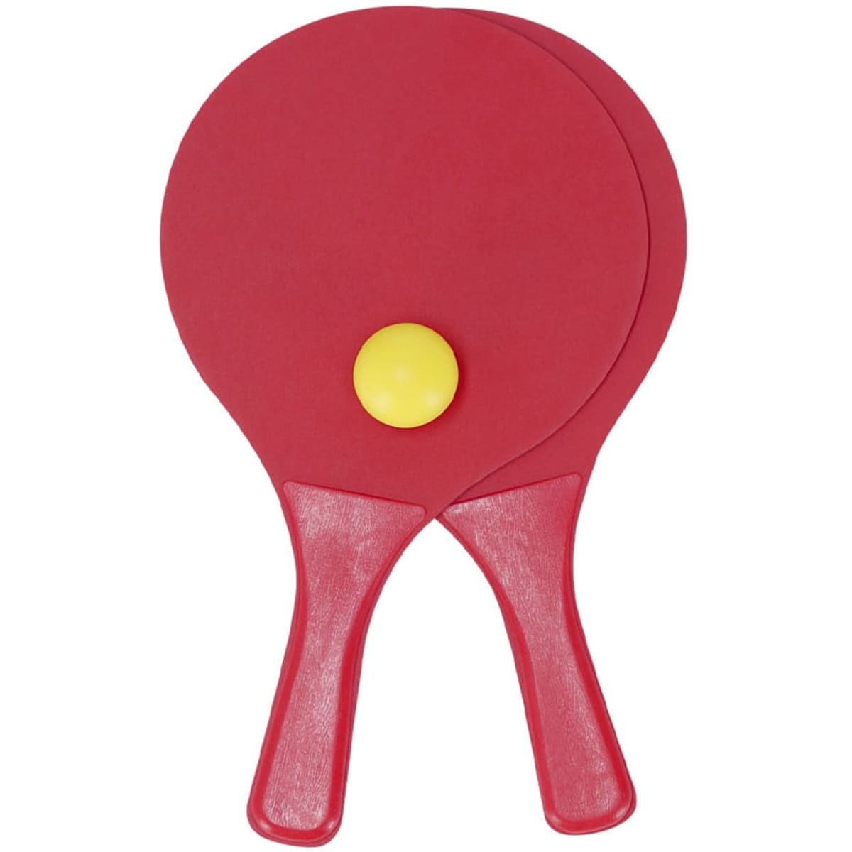 A pair of red beach rackets featuring yellow balls, designed for outdoor leisure activities.