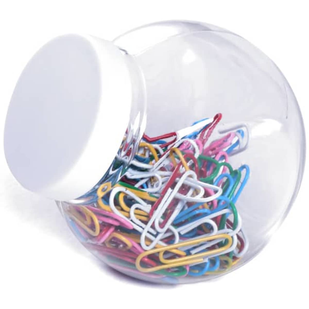 A glass jar containing a variety of colourful paperclips, with a white lid, tilted to one side.