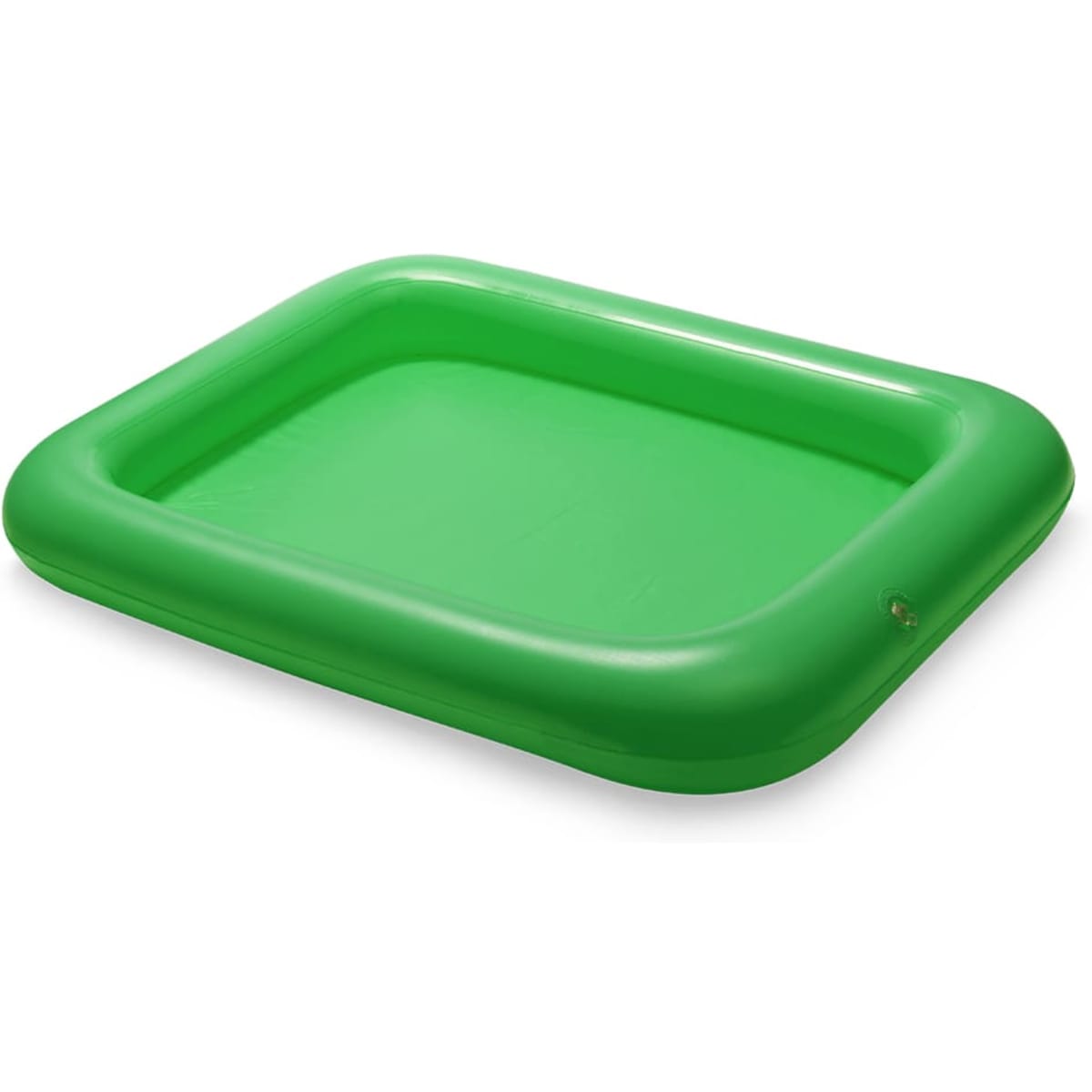 A green inflatable table with rounded edges, featuring a smooth surface and a drainage hole. It has a logo.
