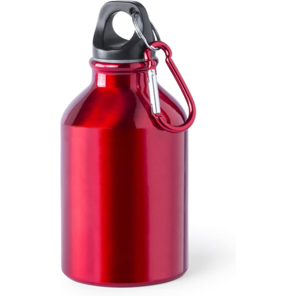 A drink bottle in shiny red with a black cap and a silver carabiner for attaching.