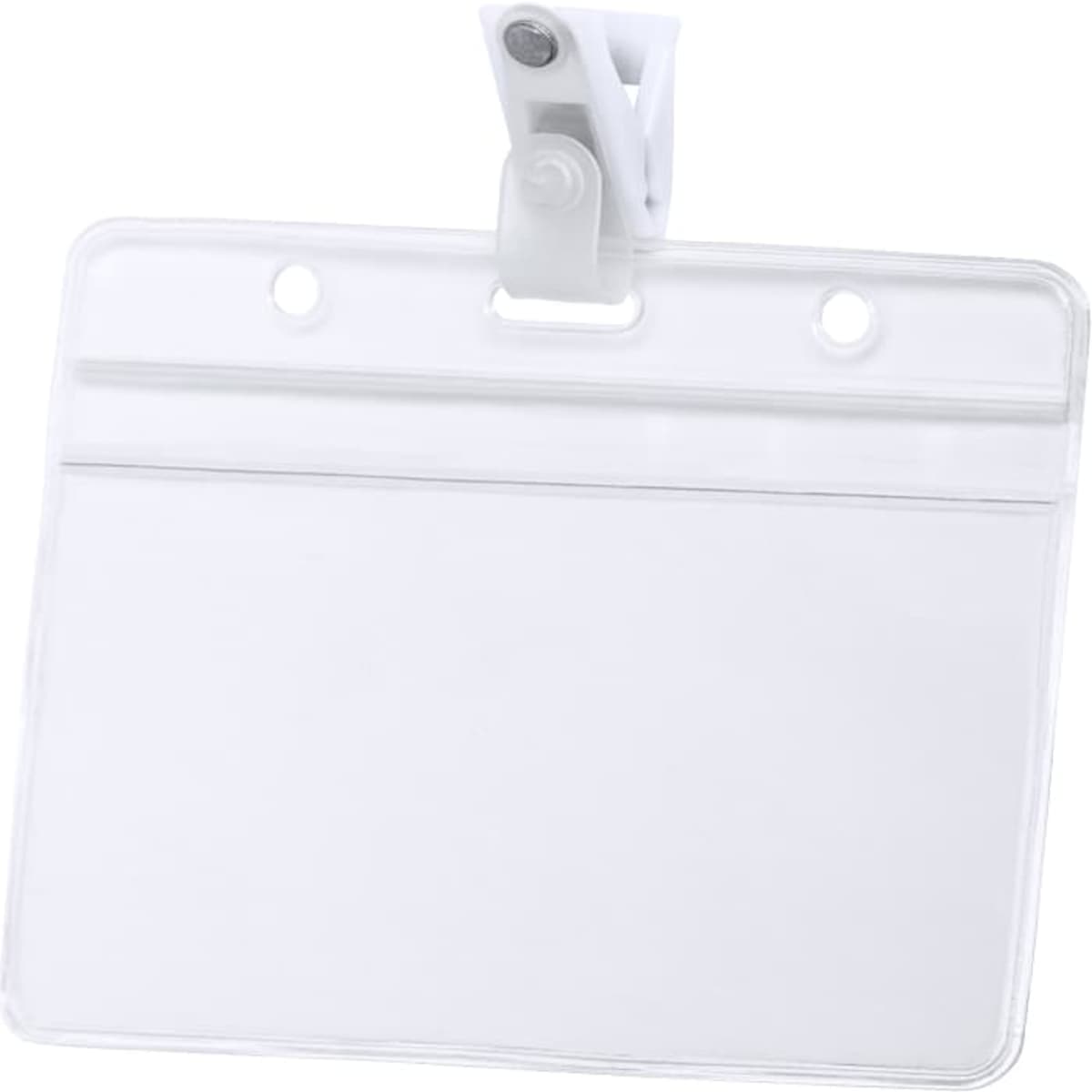 A transparent white name badge holder with a clip for easy attachment.