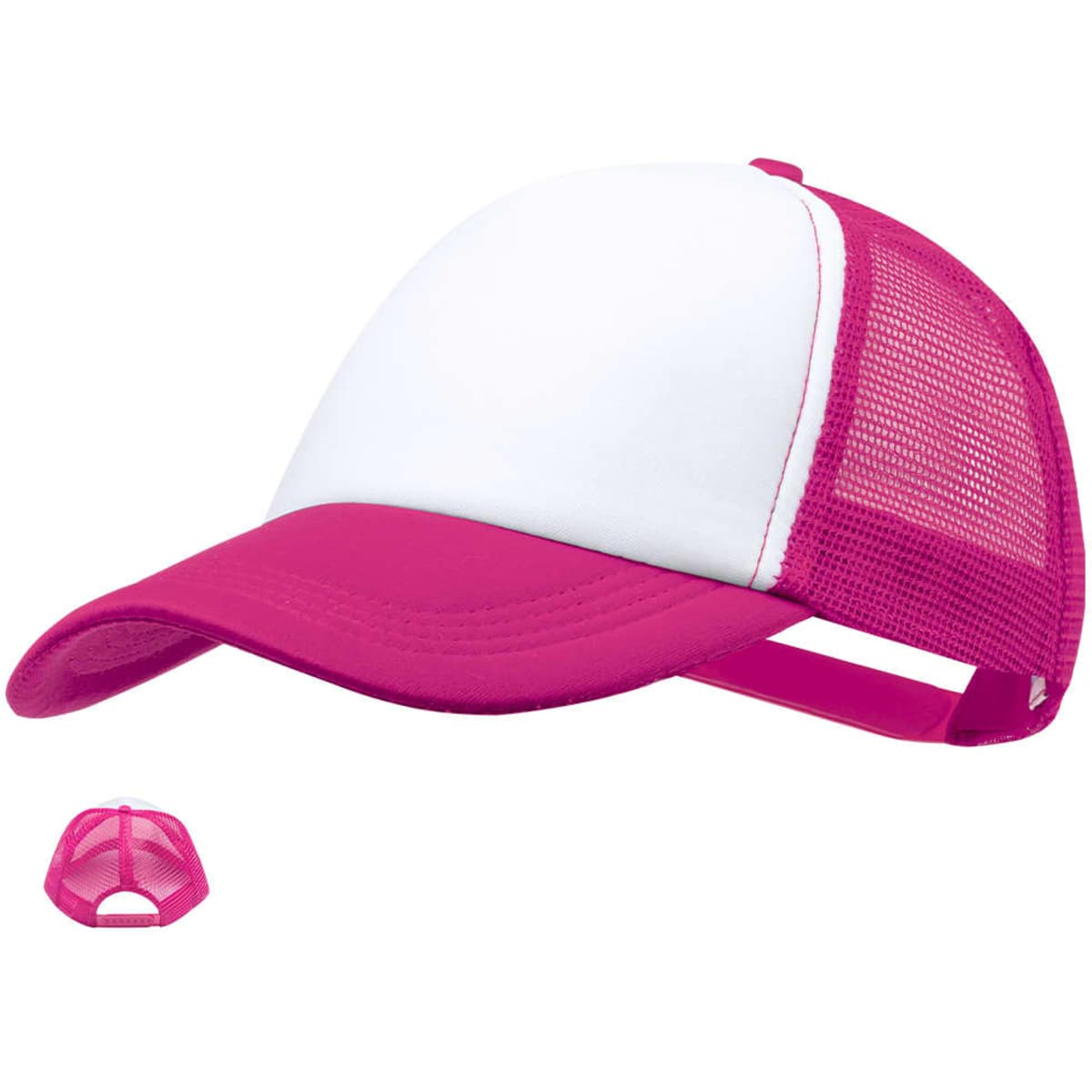 A pink and white trucker cap featuring a mesh back and an adjustable strap. Includes a small version of the cap.