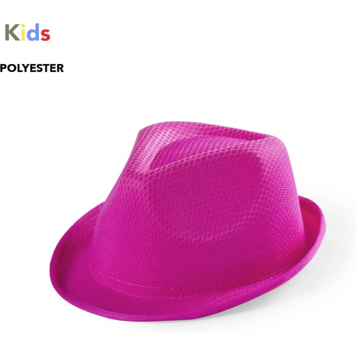 A pink kids' hat made of polyester, featuring a stylish fedora design and a textured surface.