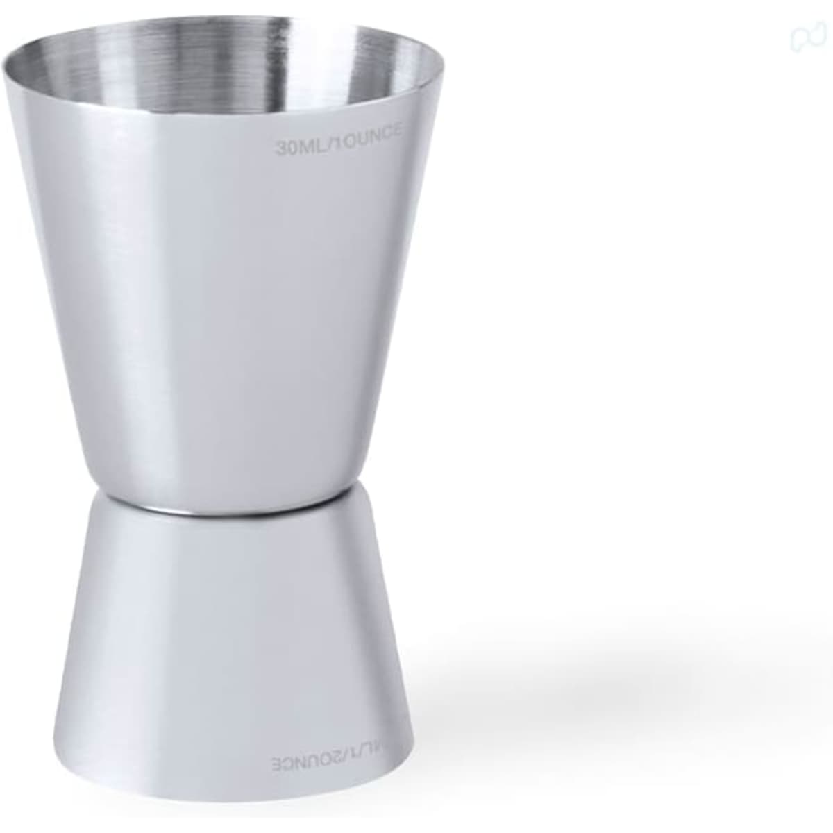 A silver jigger made of stainless steel, featuring a double-sided design with measurement markings.
