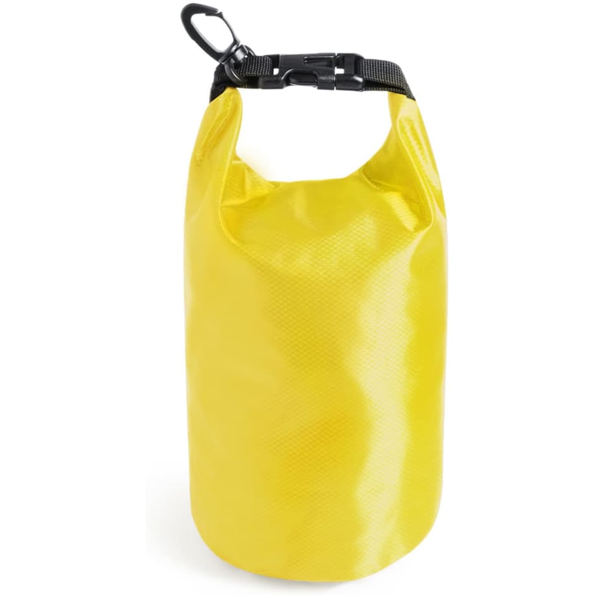 A yellow dry bag with a black strap and clip at the top, featuring a logo.