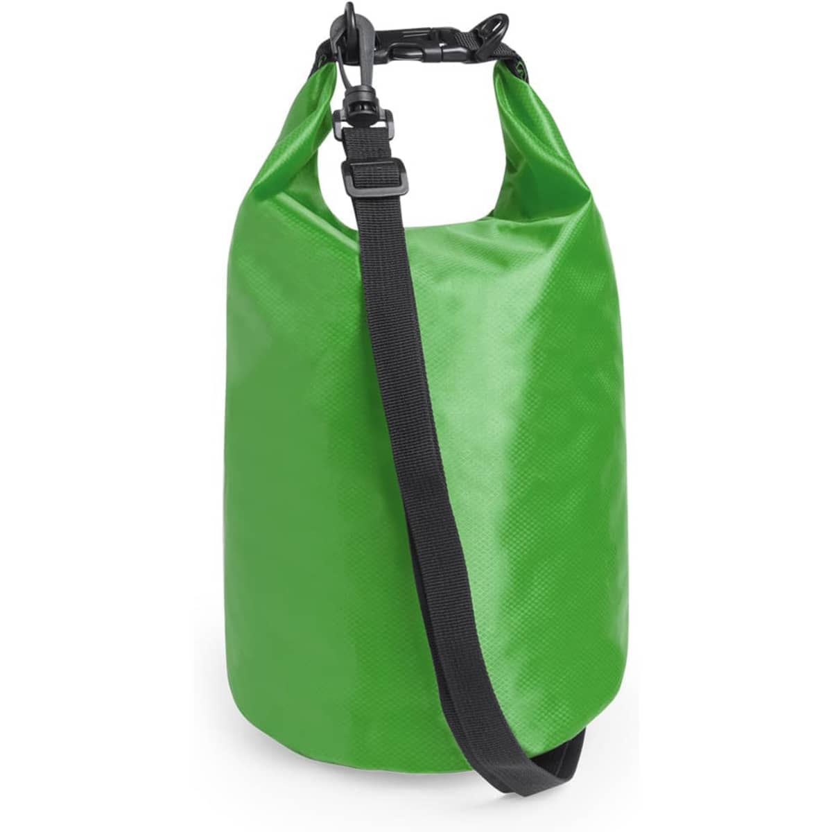 A green dry bag with a black adjustable strap and clip. Features a sleek design and a secure closure.